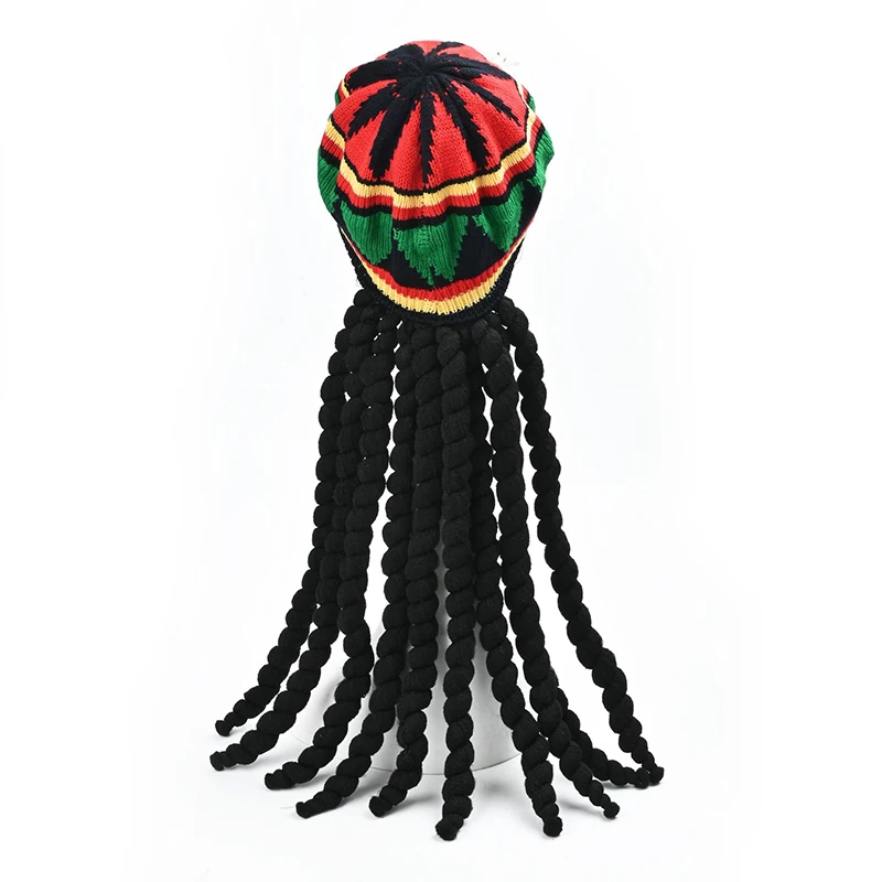 Jamaican Style Woven Knitted Wigs Beret Hat Black Dreadlocks Wig Rasta Wig Crocheted Knitted Beret Cap Reggae Wig Hat for Party 2