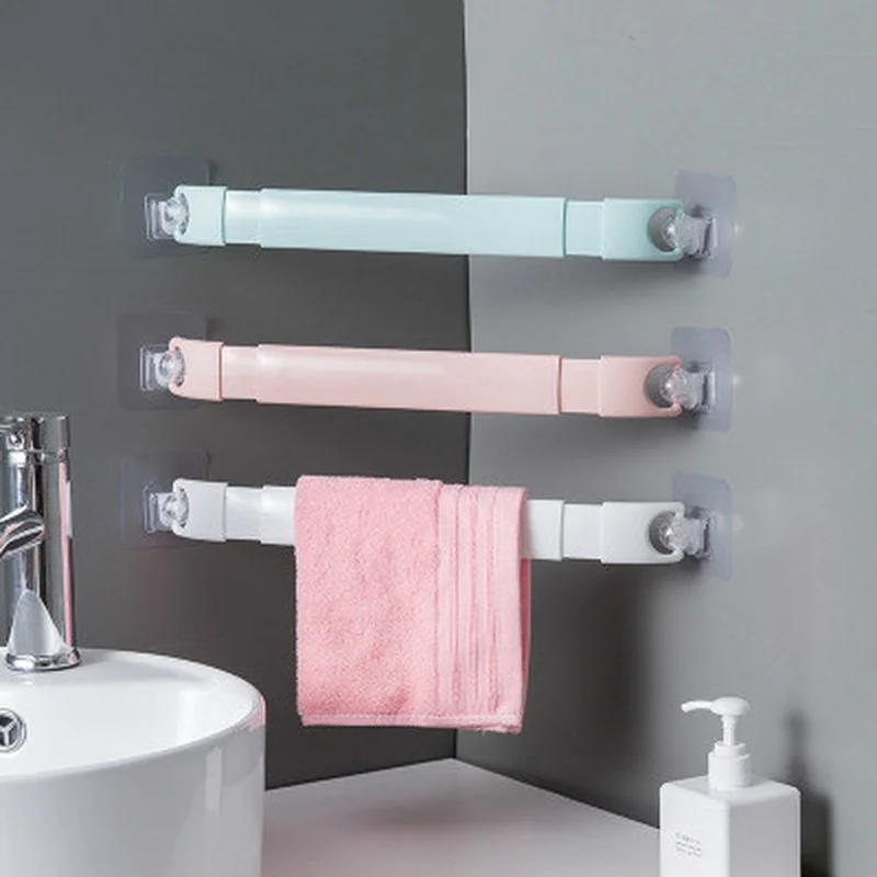 Towel Rack Plastic Wall Mounted Bathroom Telescopic Towel Bar Shelf Self-adhesive Rack Paper Roll Holder Hanging Hook Bathroom Supplies