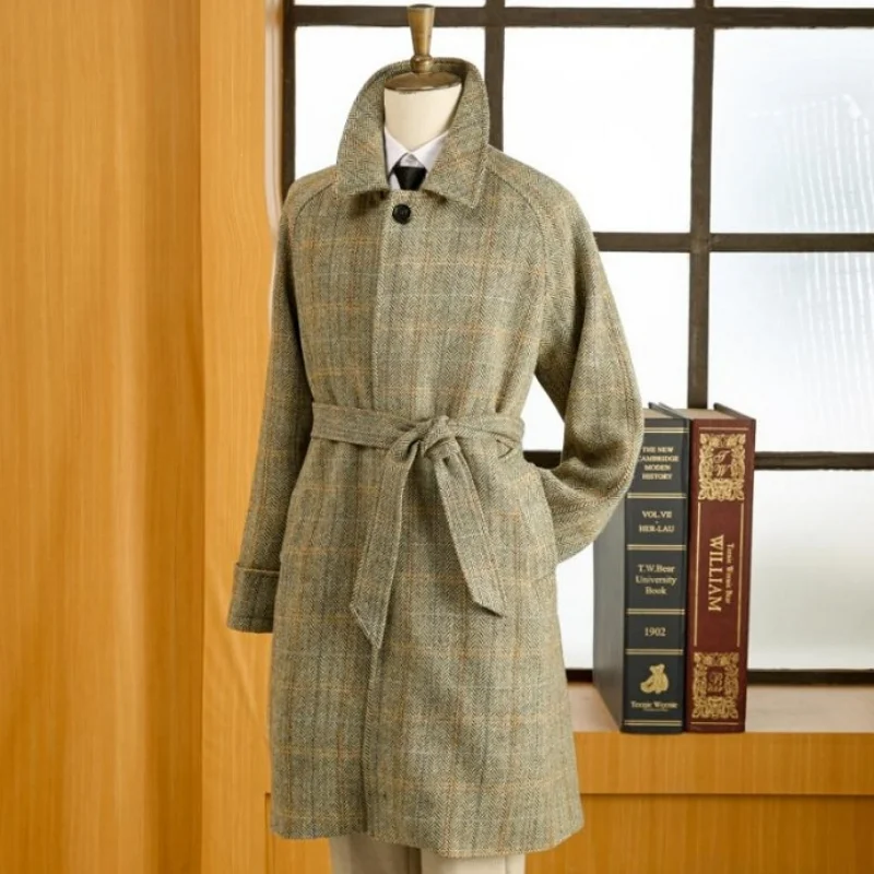Men's Tweed Balmacaan Coat Houndstooth Pattern Classic Elegant Semi-formal Style Winter Outwear