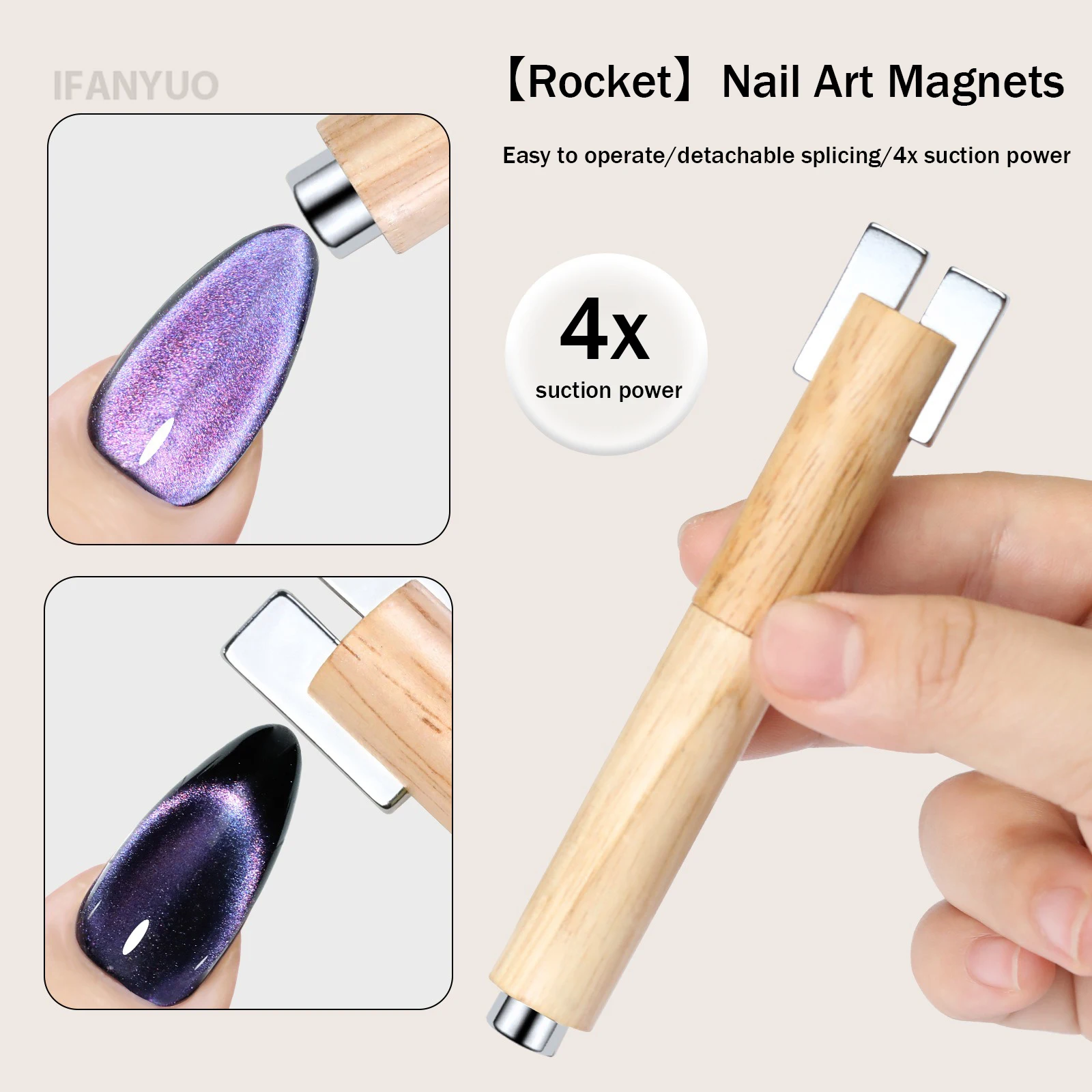 Detachable Wooden Magnetic Stick Cat Eye Gel Polish Rocket Shape Strong Nail Magnet Pen All in One Glitter Effect Manicure Tools