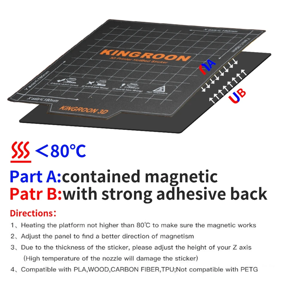 Гибкая Магнитная пластина KINGROON для 3D принтера A + B 180x18 0/235x235 мм, магнитная сборная пластина для KP3S KP5L Ender 3 CR10