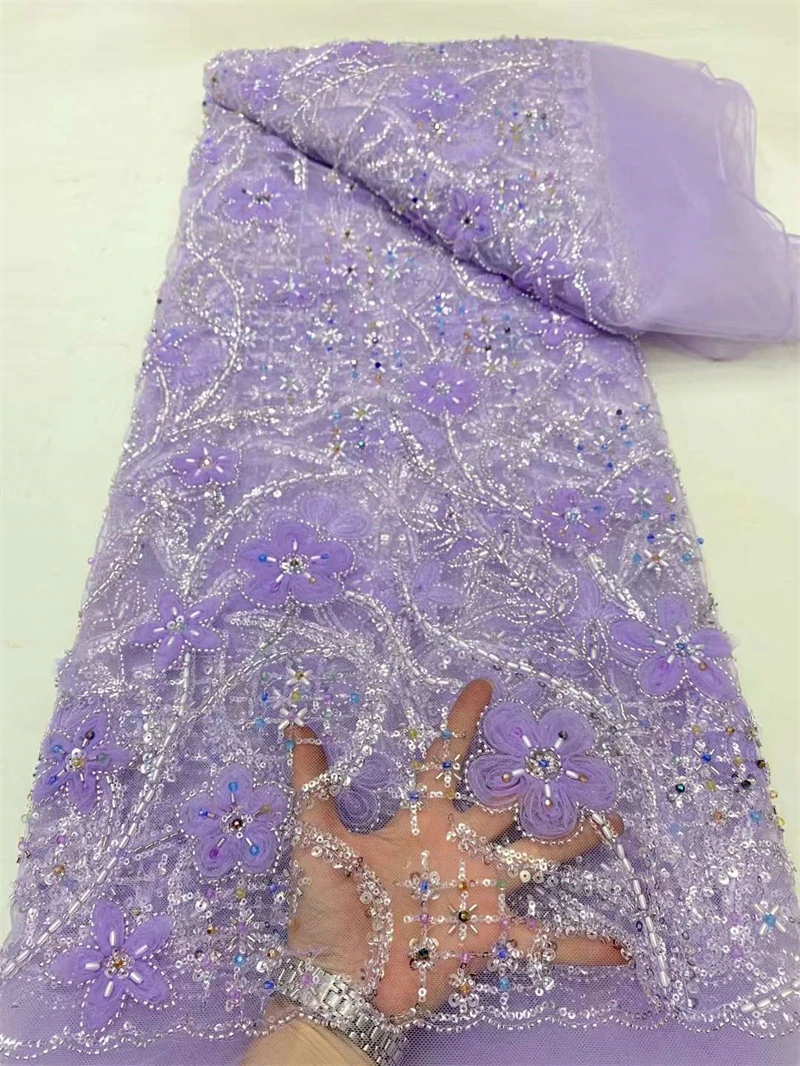 

Luxury Heavy Beaded African Sequins Lace Fabric Nigerian French Net Lace Fabric High Quality for Diy Dress Sewing Wedding,lilac