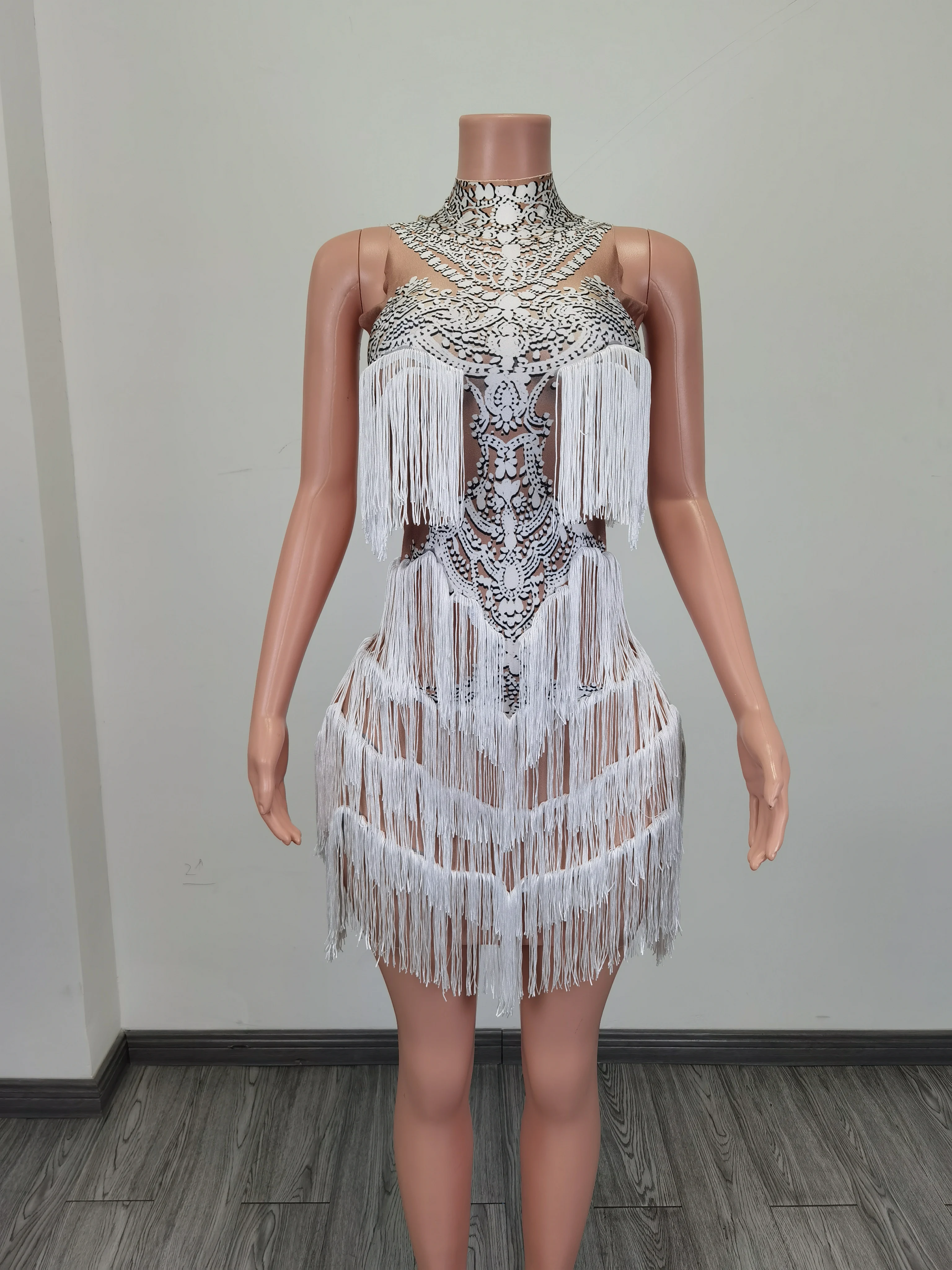 

Sexy White Fringes Dress Stretch Sleeveless Outfit Stage Sexy Skinny Tassel Costumes Birthday Prom Show Women Stage Dance Wear