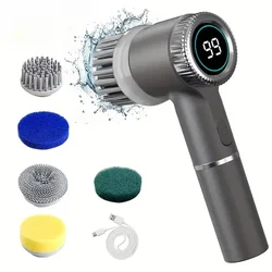 Portable Electric Cleaning Brush with LED and 5 Multifunctional Heads for Kitchen, Bathroom, and Toilet (Black)
