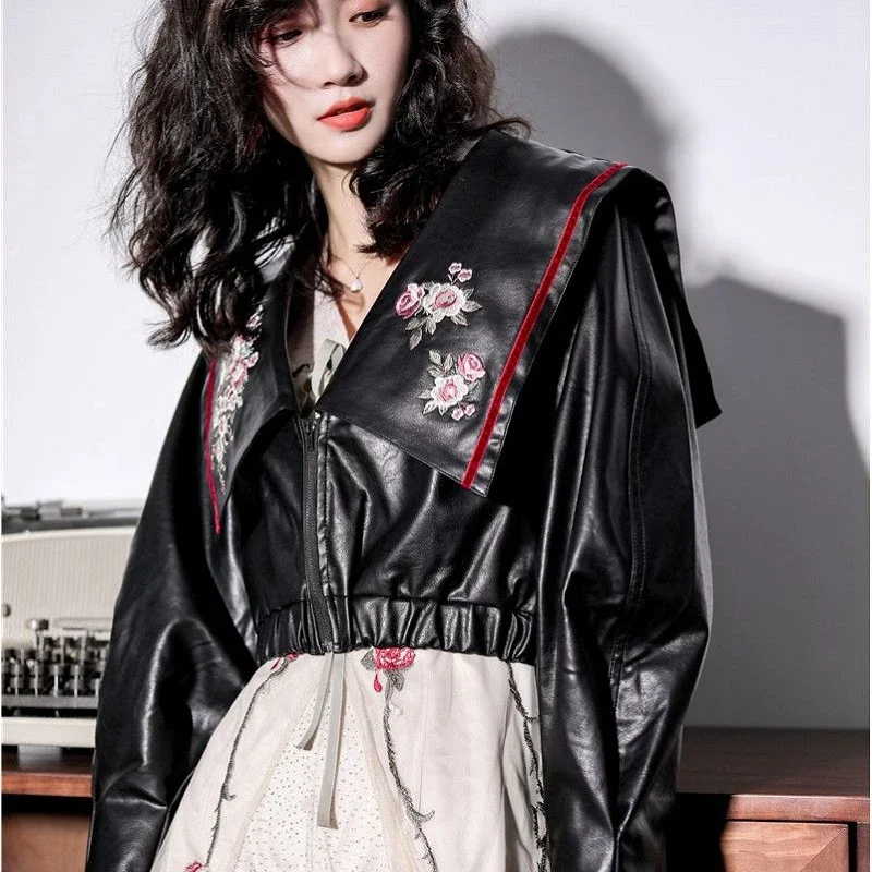 

Куртка Ruibbit женская из ПУ кожи, черная свободная модная куртка с отложным воротником и длинным рукавом, на молнии, Осень-зима