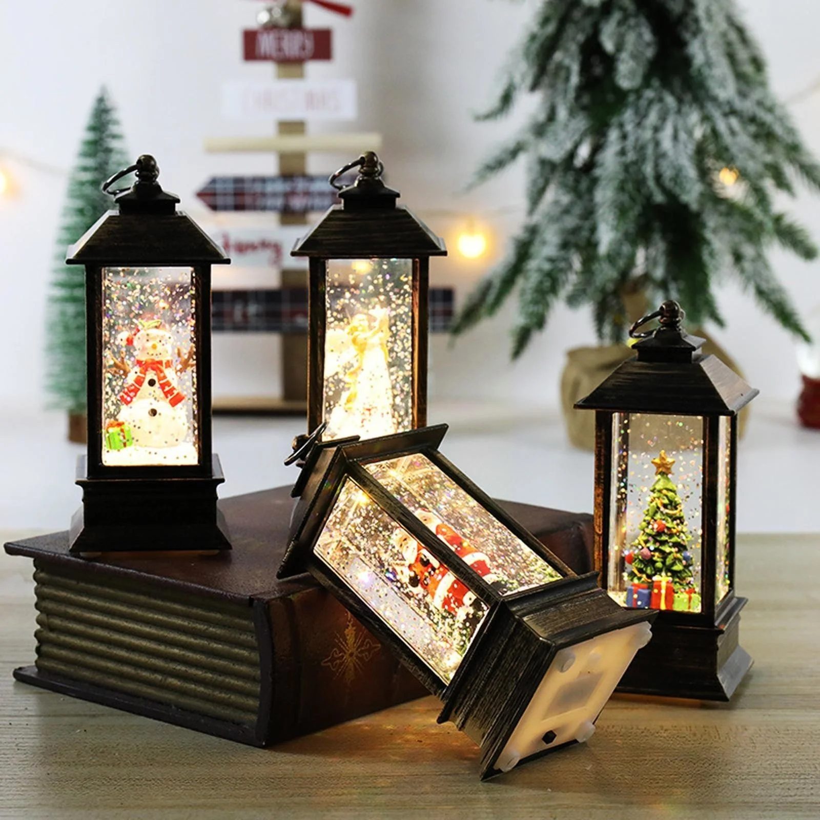 Merry Christmas Decoration Christmas Lanten Led Globe Hanging Vintage Santa Lamp Snowman Tea LED Lantern Light Castle