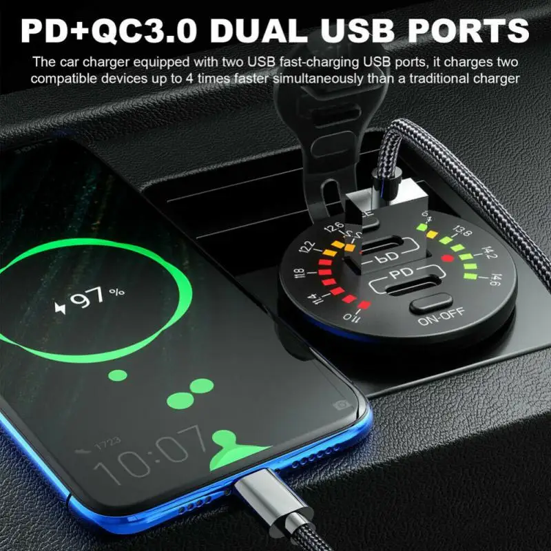 Ursuniot 차량용 듀얼 USB QC3.0 충전기, 12V 오토바이 USB 콘센트, 빠른 충전 전원 소켓, 다채로운 디지털 전압계 포함, 36W