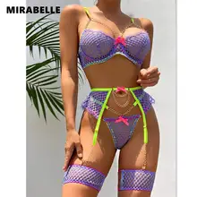  MIRABELLE Mesh Sexy Lingerie With Chain Porn Underwear  Lace Transparent Bra 5-Piece Erotic Sets Thongs Garters Sensual Intimate 