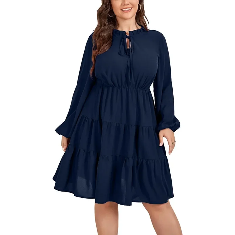 

Casual Loose Ruched Patchwork Dress For Women 2023 Tie Up V-Neck Long Sleeve A-Line Dresses Fashion Elegant Long Sleeve Dress