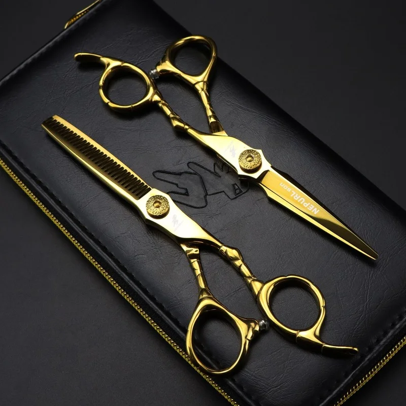 NEPURLson 6 Inch Gold Japan 440c Steel Professional Barber Hair Cutting Scissors Kit Hairstylist Hairdressing Thinning Scissors