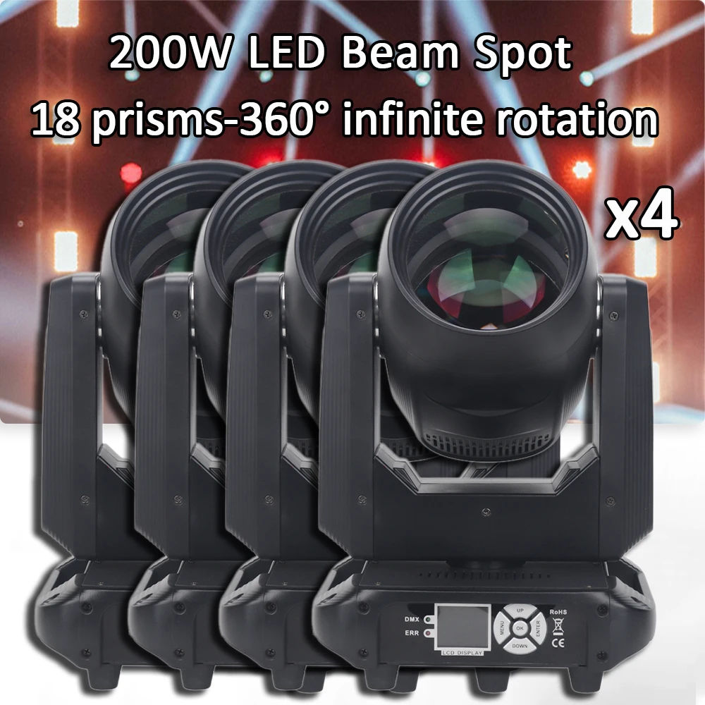 4Pcs/Lot LED 200W Moving Head Spot Beam 18 Prisms Lights Wedding Party Stage Effects DMX Controller Disco Professional DJ Light