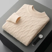 Autumn and winter new thick 100% wool cashmere sweater men's semi-high neck twisted pullover plus size coat casual knit top 1