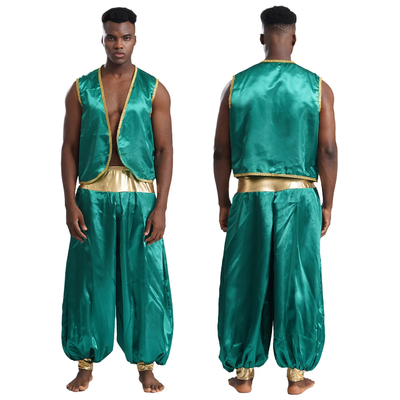 thumbnail image 1 of Disfraz de Príncipe árabe indio para hombre, chaleco antimanchas, chaleco curvo con ribete dorado brillante, frente abierto, pantalones largos con farol, 1 of 5
