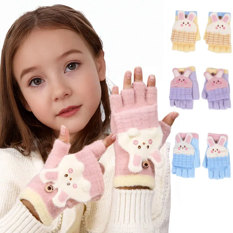 Gants Magiques Hiver Enfant Mitaine Fille Garçon Avec Capuchon Gants Enfant Hiver Mitaine Enfant Mignon En Motif De Chat Moufles Demi-Doigt Tricoté Gants Chauds Pour Enfants De Gants 10 Ans