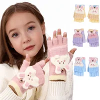 3-12 Years Kids Boys Girls Homework Gloves Cute Rabbit Ear Half Finger Flip Cover Winter Warm Gloves Knitted Cold-Proof Mittens 1