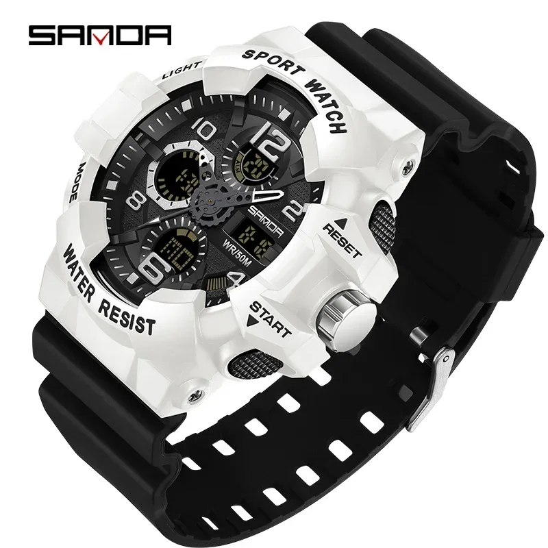 SANDA 3168 Multifunction Clock Relogio Masculino Men Military Watches White Sport Watch  LED Digital 50M Waterproof Watch Men 6