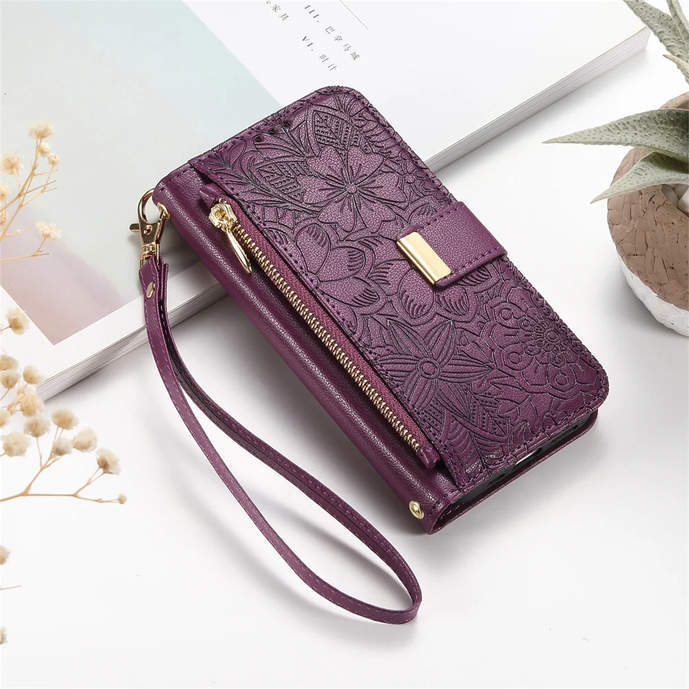 Leather Wallet Phone Case with Wrist Strap and Card Slots, Zipper Closure, and Built-In Stand Feature