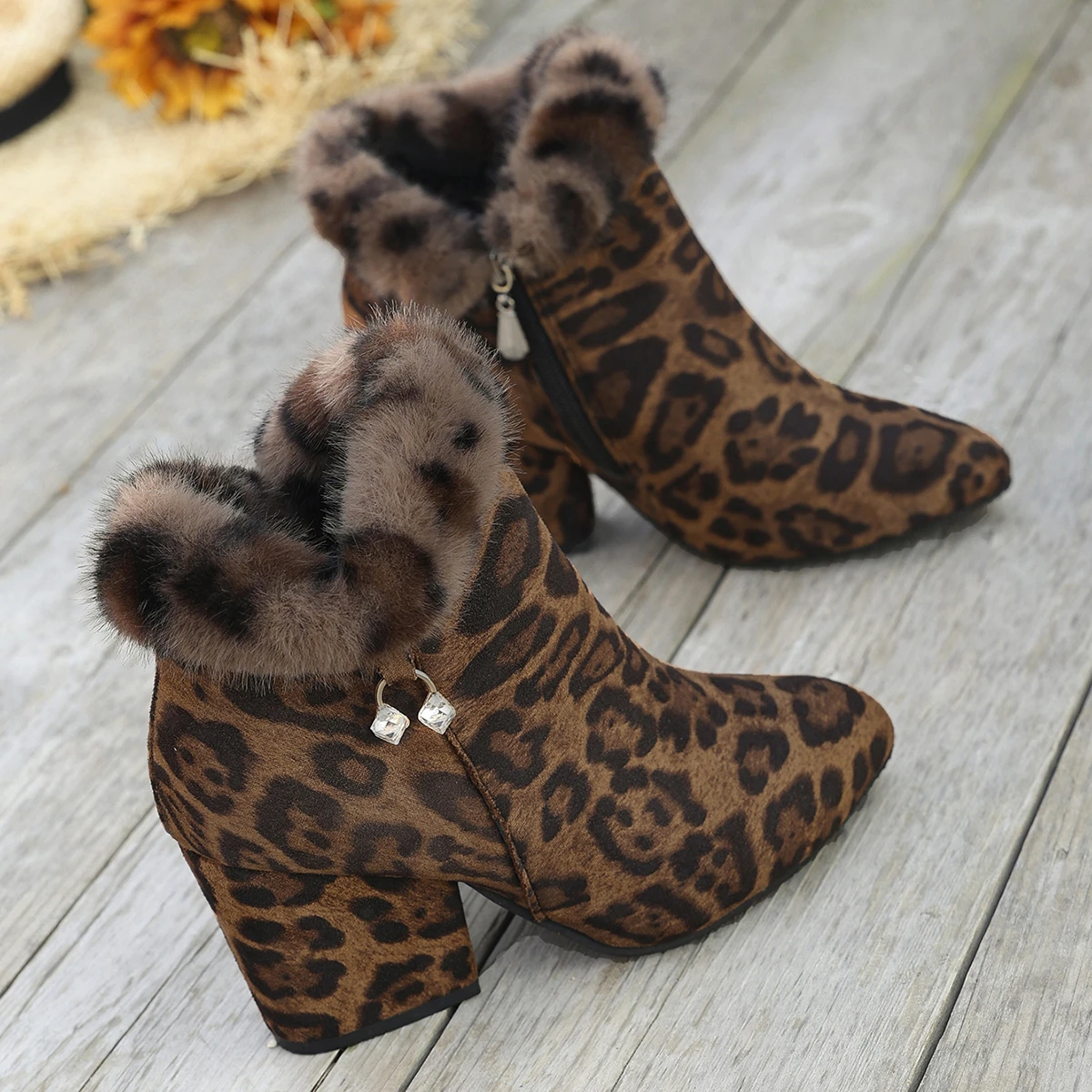 Aphixta 8cm High Heel Ankle Boot Yellow Leopard Print Furry Woman Modern Boot Brown Pointed Toe Zip Ladies Footwear Big Size43