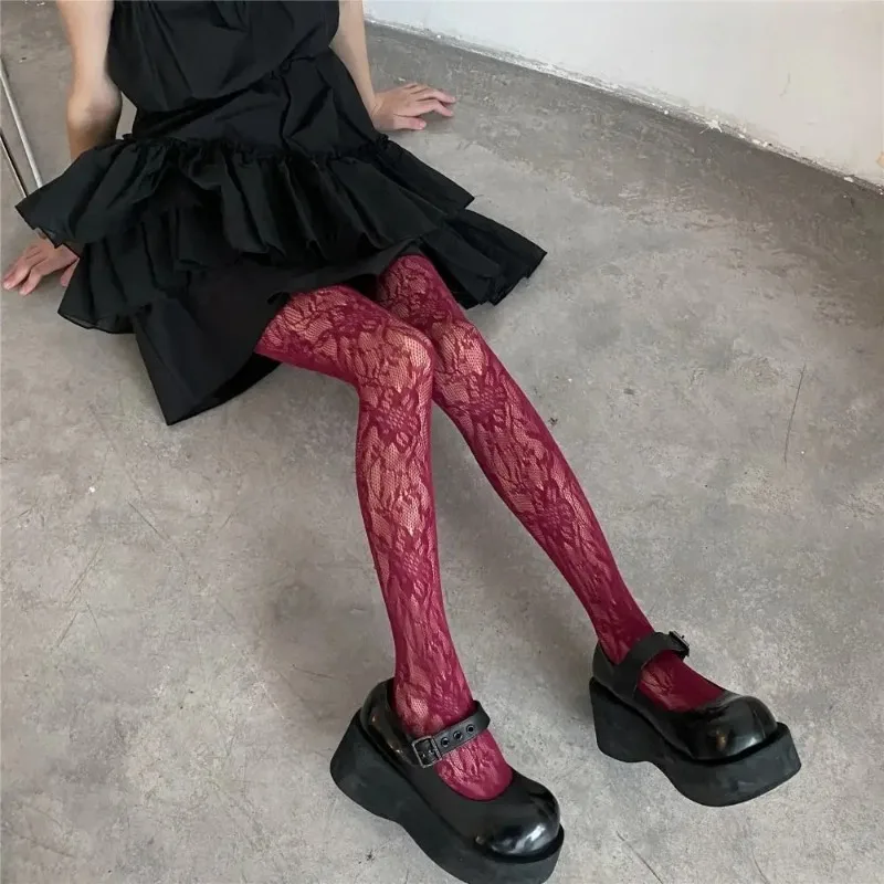 

Fashion Flower Embroidery Mesh Hollow Out Sexy Pantyhose Women's Fishing Net Tights Cool Girl Colored Hipster Harajuku Stockings