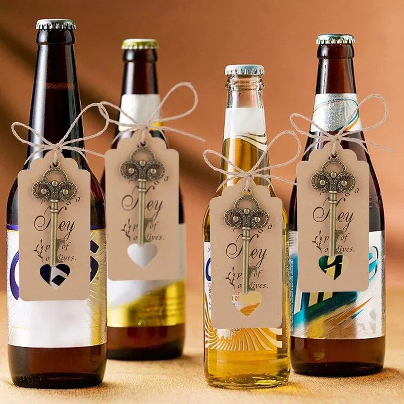 10pcs Metal Key Bottle Opener Retro Portable Beer Wine Bottle Open Tool Keychain Tags Card Wedding Souvenirs Party Gifts