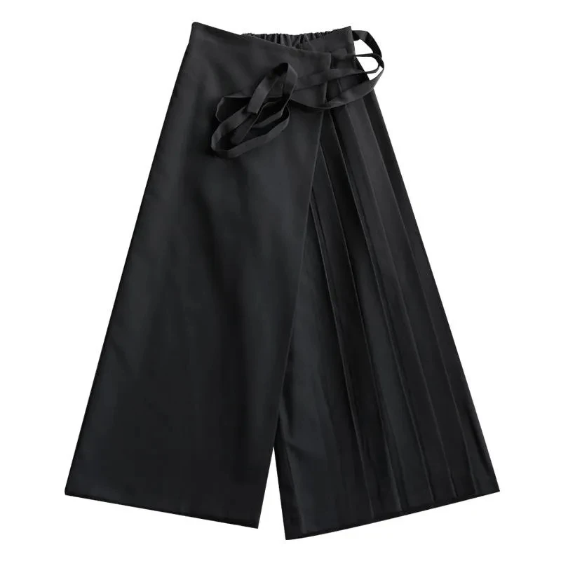 Spring Autumn New False Two-piece Skirt Pants Black Wide-leg Pant Elastic Waist Straps Women 2024 Irregular Casual Cropped Pants 3