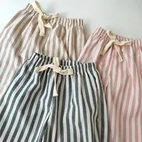Spring Summer Boys Striped Loose Pants Baby Girl Vintage Casual Linen Cotton Harlan Pants Kids Lace-up Pant Children Clothing 5