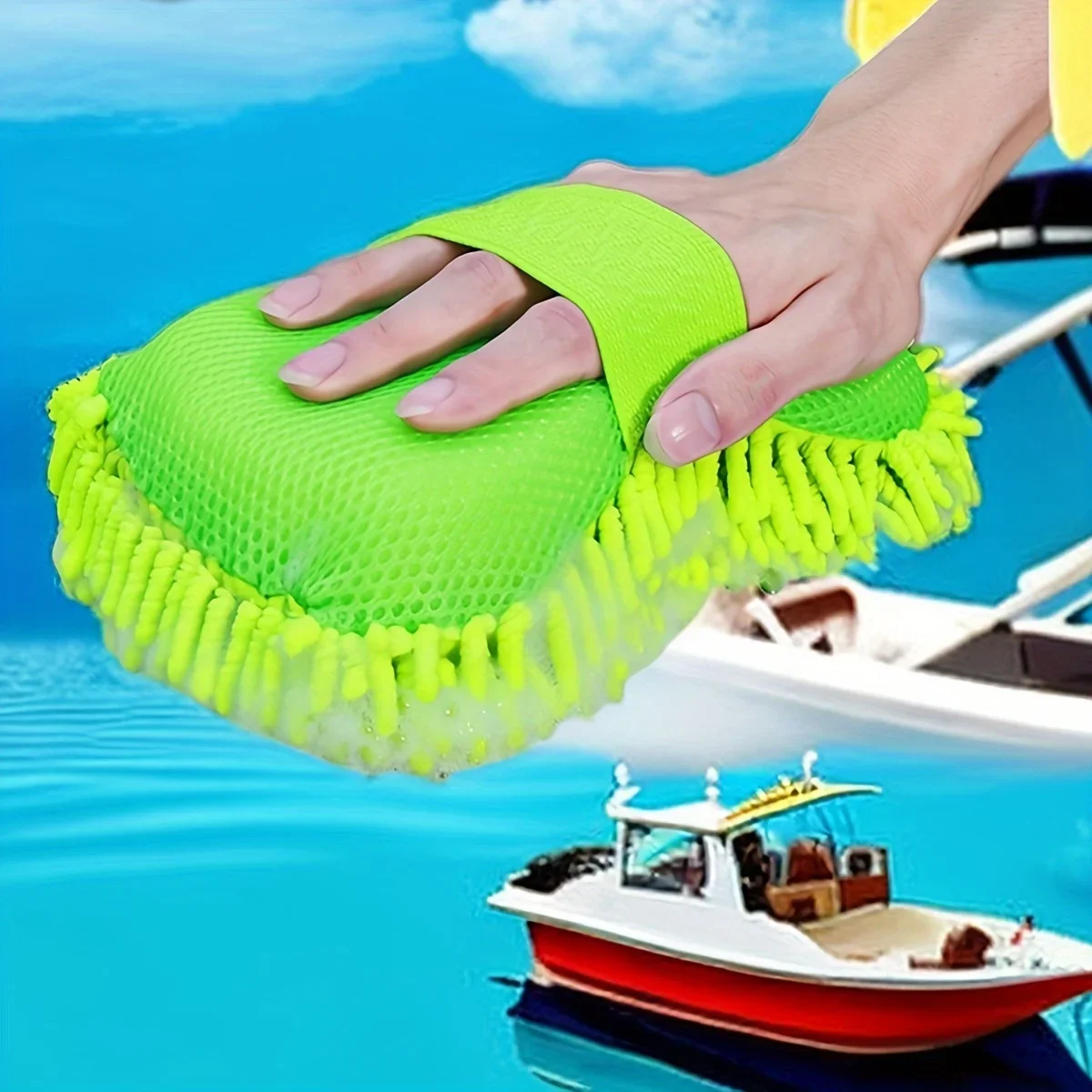 1pc Boat/Car Wash Mitt & Microfiber Drying Towel Set Chenille Scratch-Free Mitt Ultra Absorbent Waffle Towel for Car Detailing