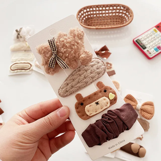 Coffee Warm Color Cute Cartoon Princess Hairpins Children Girls Kid Hair Clips Barrettes Accessories Hairclip Headwear Headdress Brown Bow Tie Bear