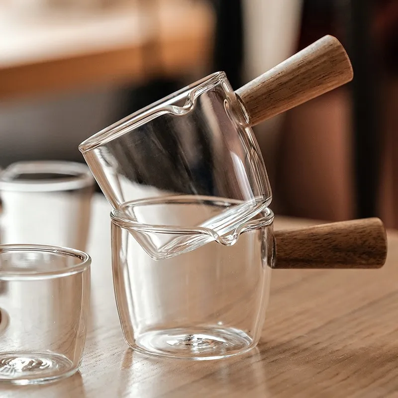 Wood Handle Glass Coffee Mini Milk Cup Espresso Measuring Cup Double/Single Mouth Kitchen Sauce Dish Measure Mug 50/75/100ml for Measuring Cup