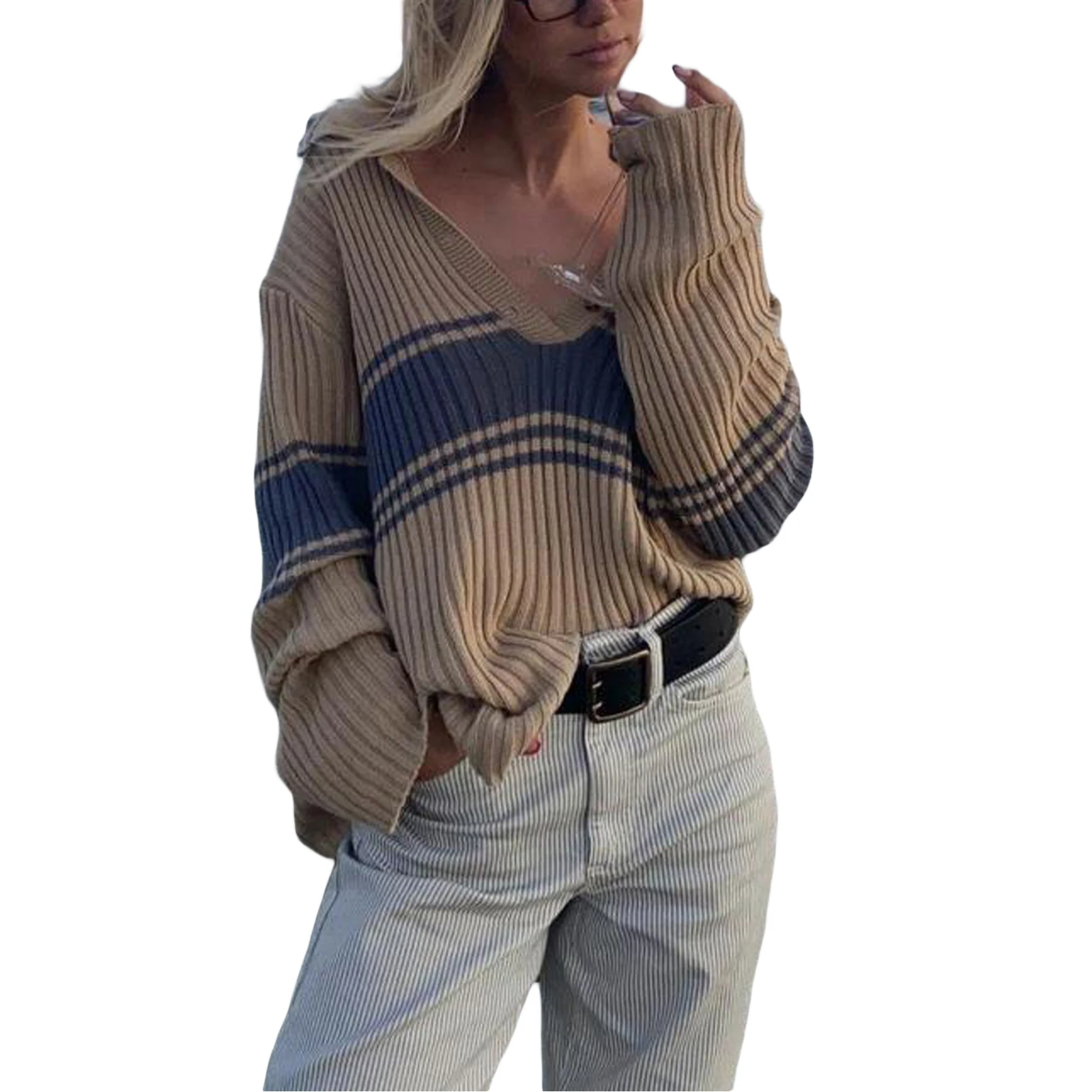 

Women's Autumn Casual Lapel Knitted Sweaters Top Fashion Long Sleeve V Neck Contrast Color Knit Pullovers Loose Jumper Tops