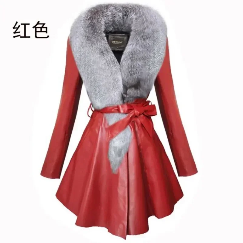 Leather Jacket Winter Coat Women Fox Fur Collar Sherpa Shearling Jacket Women Long Sheepskin Coat  Velvet Women Oversized