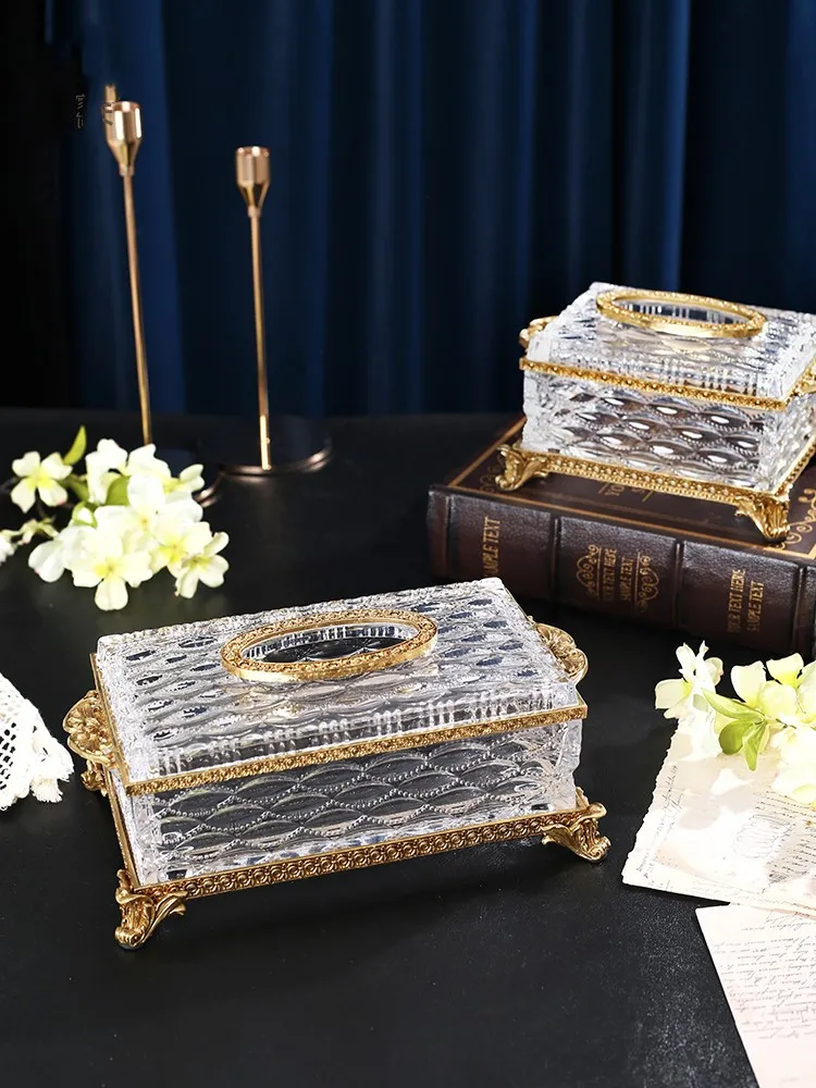 Crystal Glass Tissue Box Golden Brass Transparent Paper Box Household Kitchen Storage Vintage Desktop Tissue Holder Accesorios 5