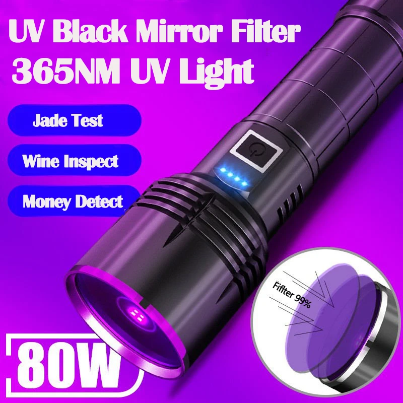 

Powerful 80W 4-CORE 365NM UV Flashlight High Power Black Mirror Purple Light Detection Torch Type-C Rechargeable 26650 Lantern