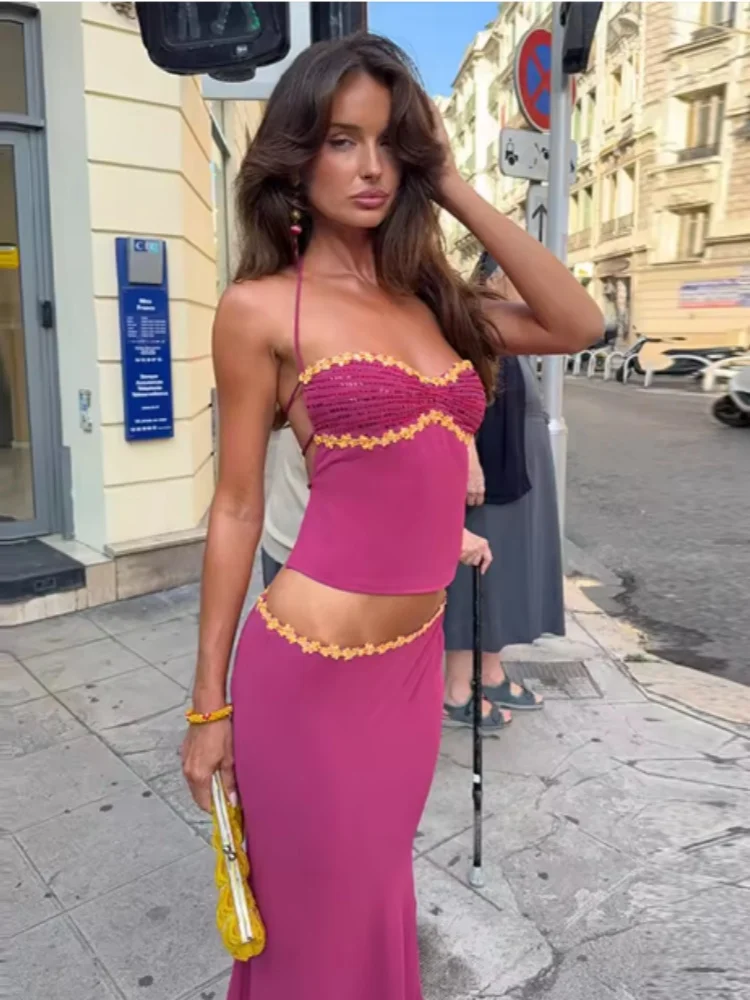 Women's Vintage Y2k 2 Piece Set Sequin Lace Trim Halter Crop Top Mermaid Maxi Skirt Lady Summer Sexy Bodycon Club Party Outfit 5