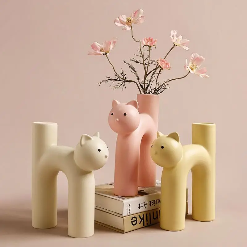 귀여운 고양이 꽃병 고급 홈 데코레이션 거실 꽃꽂이 세라믹 팬더 테마 유럽 스타일 장식품
