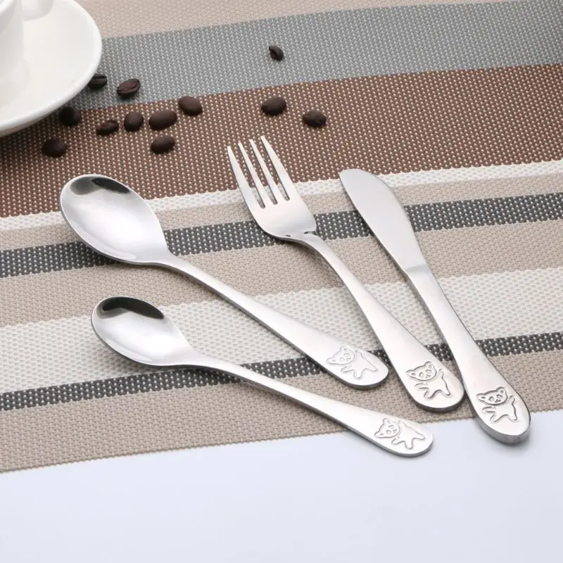 Baby Tableware Set 4 Pcs/set Baby Teaspoon Spoon Food Feeding Fork Knife Utensils Stainless Steel