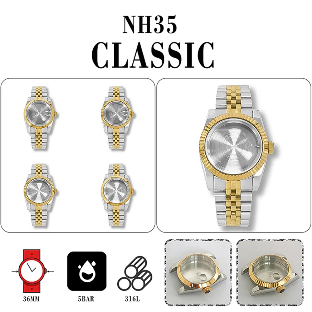 

36mm Sealed Bottom Oyster Perpetual/Fluted Bezel Case Sapphire Magnifying Glass Jubilee Strap for NH35/NH36 Movement
