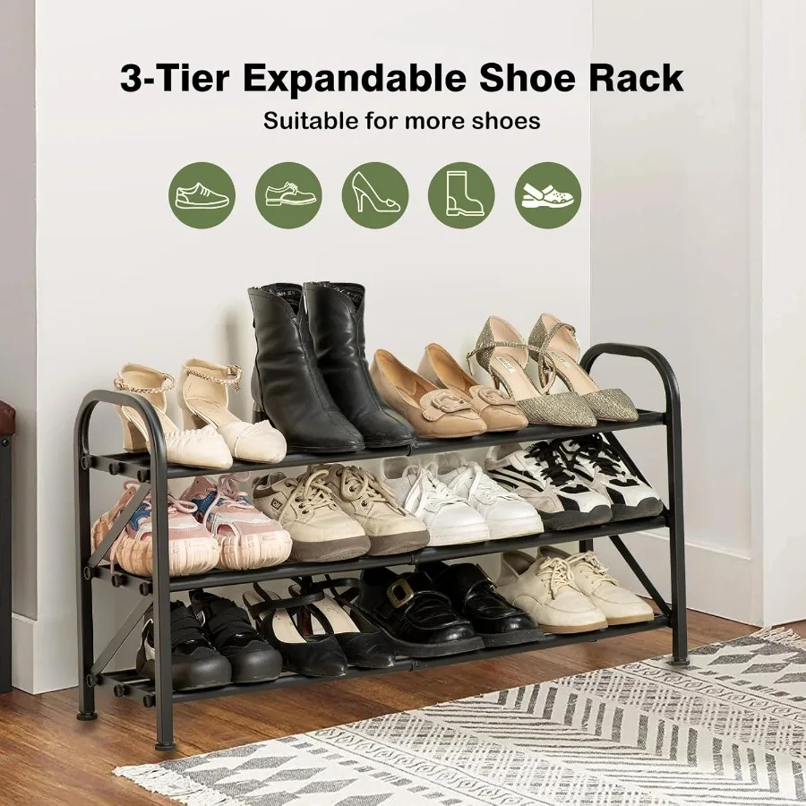 3Tier Shoe Rack for Closet 1633 Expandable ShoeRackAdjustable for Entryway Closet Doorway SturdyMetal Black