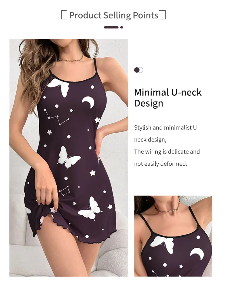 Women's Nightdress Nightgown Summer Sleeveless Night Dress Butterfly Print Cami Sleepwear Soft Comfortable Lounge Wear Nightwear