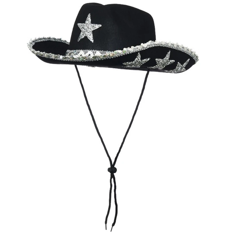 

Adult Cowboy Hats with Sequins Trim Eye Catching Bride Diamond Star Cowgirl Hat Model Show Performances Photography Hat
