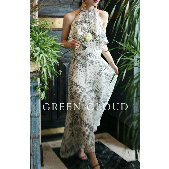 

Green Thousand and Nights Elegant Feminine Paisley Pattern Lotus Collar Temperament Skirt