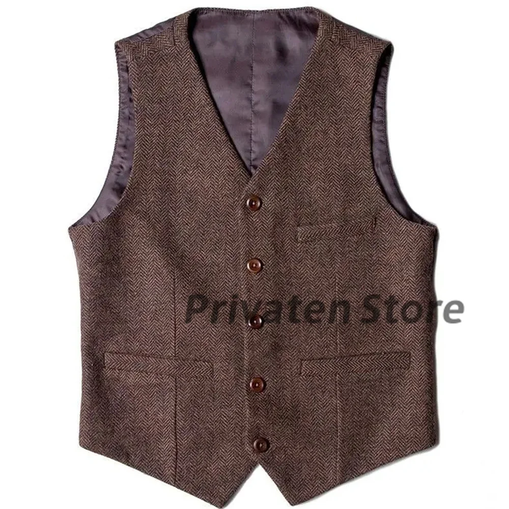 Men's Vest Herringbone Coffee Brown V-Neck Waistcoat Wedding Prom For Men Slim Fit Male Clothes Vests terno masculino