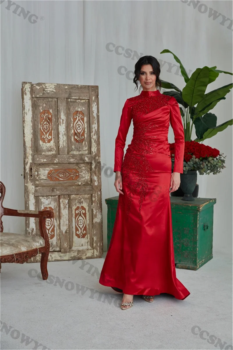 

Elegant Appliques Beaded Muslim Evening Dresses Long Sleeve Islamic Formal Party Gowns High Neck Women Arabic Robes De Soirée