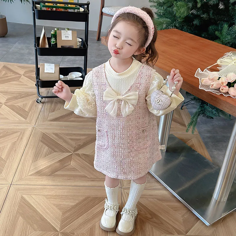 

Spring Autumn Girls 2 Pcs Set Baby T Shirt + Vest Dress Kids Set Toddler Suit Children Clothes Ins Puff Sleeve Gunny 2-7Y