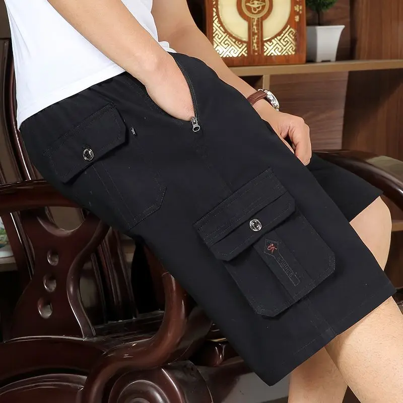 Fashion Elastic Spliced Pockets Straight Casual Shorts Men's Clothing 2024 Summer New Loose Solid Color All-match Knee Shorts