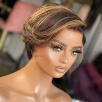 Perruque courte bob coupe pixie, perruque en cheveux humains lisses, perruque frontale en dentelle transparente 13x4 pour femmes, perruque coupe pixie lisse avec mèches 1