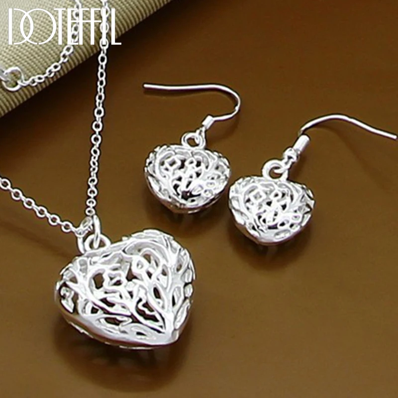 925 Sterling Silver Hollow Heart Pendant Necklace Earring Set Woman Man Wedding Engagement Jewelry