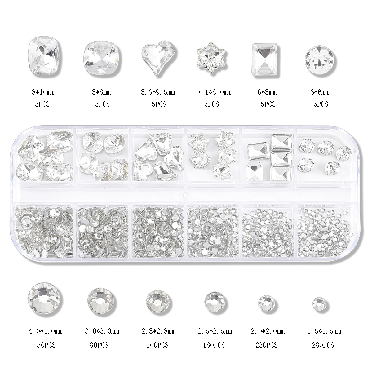 950pcs12 palace box transparent color flat nail rhinestone rhinail diamond fat square crooked heart special nail tip drill set 2