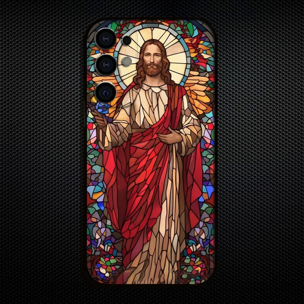 Classic Stained Glass Jesus Christ Phone Case - Elegant Black Cover