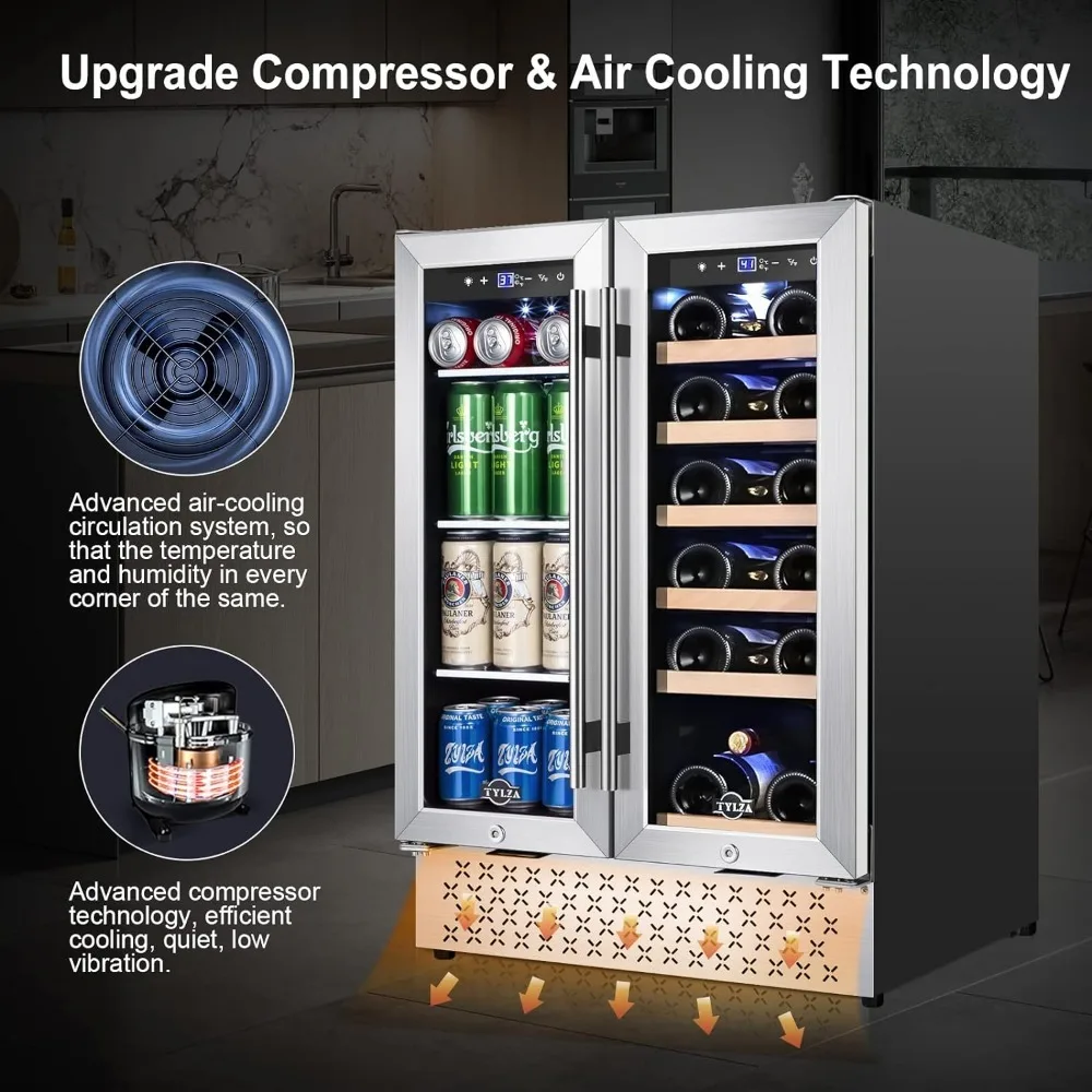 Tylza Wine and Beverage Refrigerator 24 Inch Dual Zone, French Door Wine and Beverage Cooler 24'' Built-In